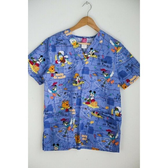 Disney Mickey Mouse Halloween  Colourful Cartoon Print Scrub Top S - Picture 2 of 12